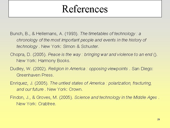 References Bunch, B. , & Hellemans, A. (1993). The timetables of technology : a