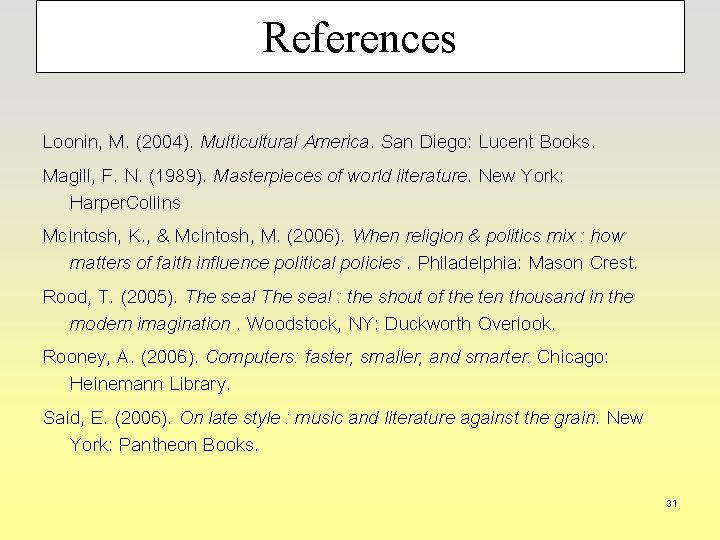 References Loonin, M. (2004). Multicultural America. San Diego: Lucent Books. Magill, F. N. (1989).