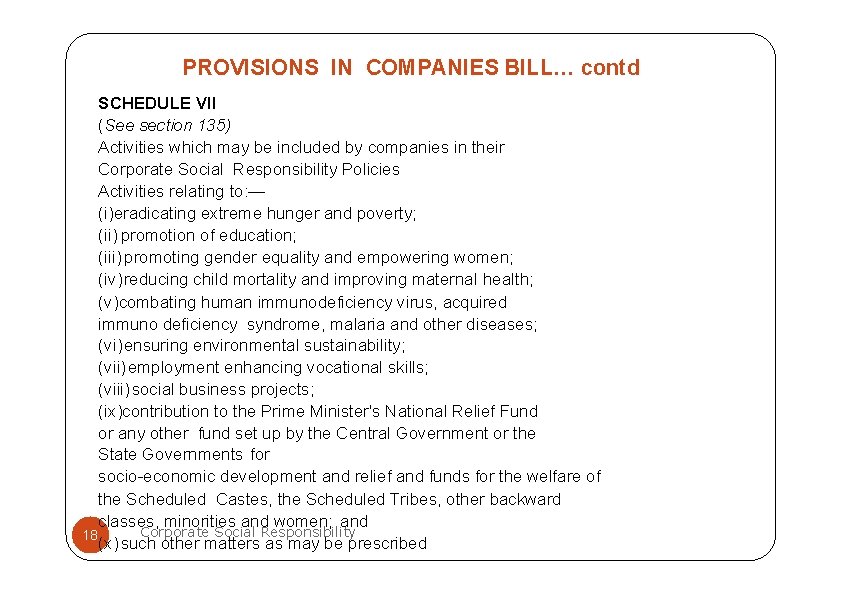 PROVISIONS IN COMPANIES BILL… contd SCHEDULE VII (See section 135) Activities which may be