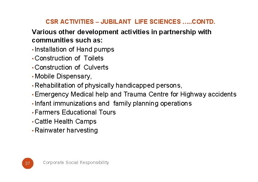 CSR ACTIVITIES – JUBILANT LIFE SCIENCES …. . CONTD. Various other development activities in