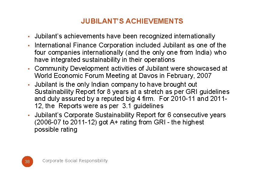 JUBILANT’S ACHIEVEMENTS ▪ Jubilant’s achievements have been recognized internationally ▪ International Finance Corporation included
