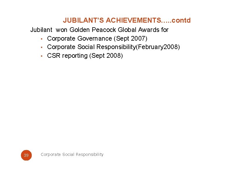 JUBILANT’S ACHIEVEMENTS…. . contd Jubilant won Golden Peacock Global Awards for ▪ Corporate Governance