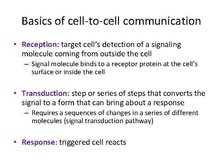 Basics of cell-to-cell communication • Reception: target cell’s detection of a signaling molecule coming