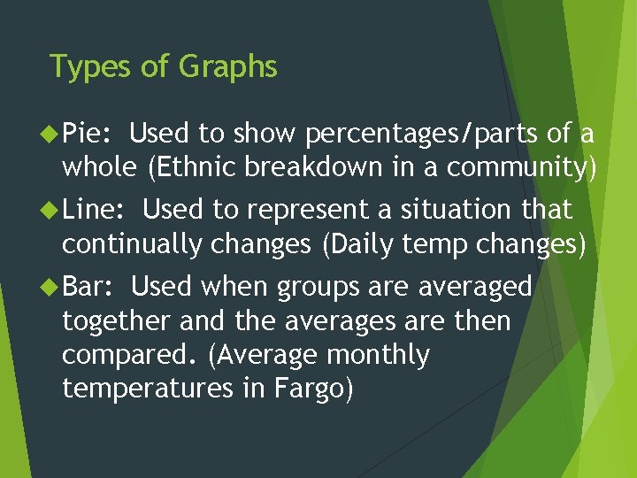 Types of Graphs Pie: Used to show percentages/parts of a whole (Ethnic breakdown in
