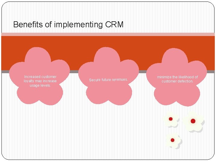 Benefits of implementing CRM Increased customer loyalty may increase usage levels. Secure future revenues.