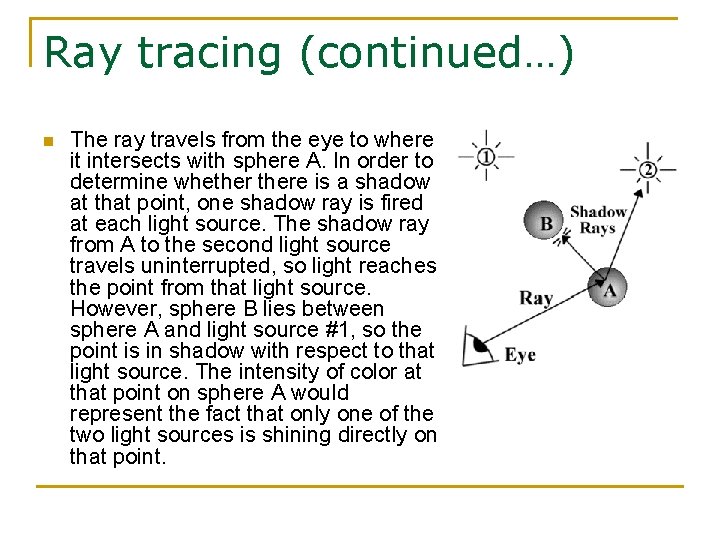 Ray tracing (continued…) n The ray travels from the eye to where it intersects