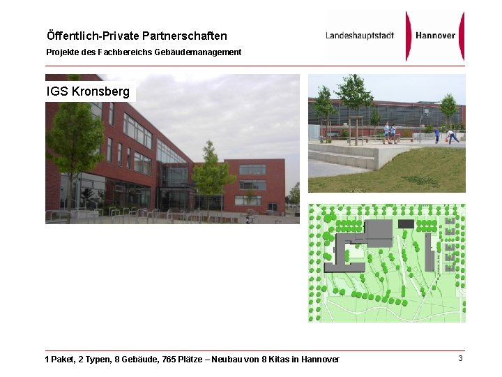 Öffentlich-Private Partnerschaften Projekte des Fachbereichs Gebäudemanagement IGS Kronsberg 1 Paket, 2 Typen, 8 Gebäude,