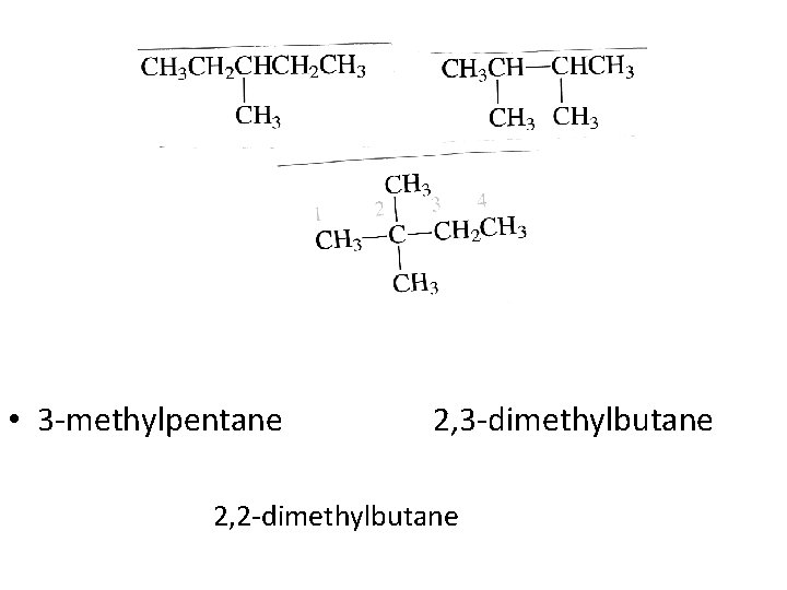 • 3 -methylpentane 2, 3 -dimethylbutane 2, 2 -dimethylbutane • 3 -methylpentane 2, 3 -dimethylbutane 2, 2 -dimethylbutane