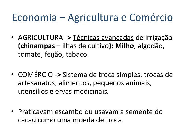 Economia – Agricultura e Comércio • AGRICULTURA -> Técnicas avançadas de irrigação (chinampas –