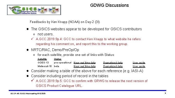 GDWG Discussions Feedbacks by Ken Knapp (NOAA) on Day-2 (3 l) ● The GSICS