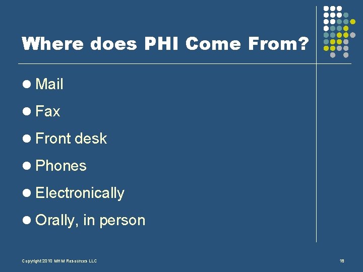 Where does PHI Come From? l Mail l Fax l Front desk l Phones