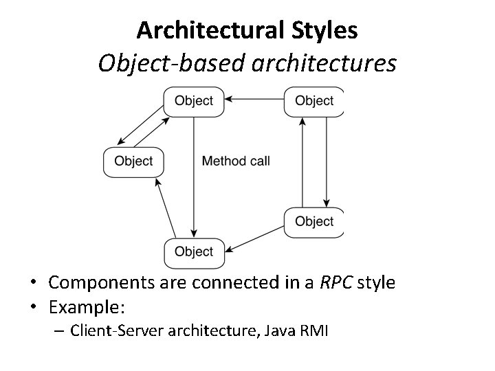 Architectural Styles Object-based architectures • Components are connected in a RPC style • Example: