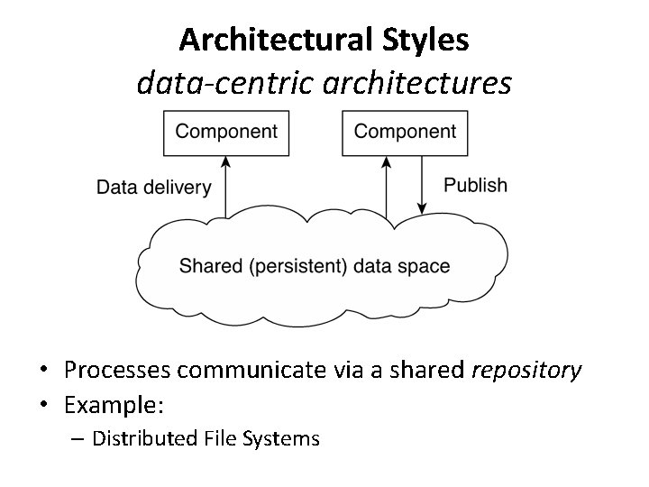 Architectural Styles data-centric architectures • Processes communicate via a shared repository • Example: –