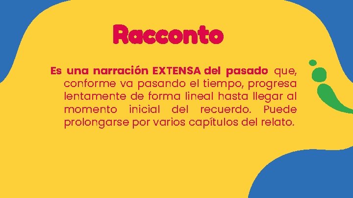 Racconto Es una narración EXTENSA del pasado que, conforme va pasando el tiempo, progresa