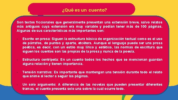 < ¿Qué es un cuento? Son textos ficcionales que generalmente presentan una extensión breve,