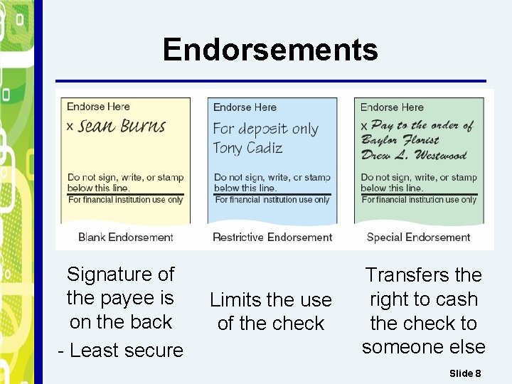 Endorsements Signature of the payee is on the back - Least secure Limits the