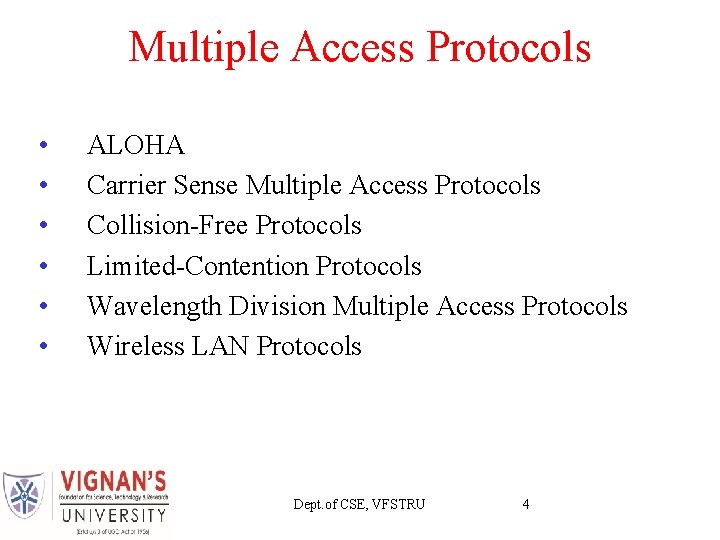 Multiple Access Protocols • • • ALOHA Carrier Sense Multiple Access Protocols Collision-Free Protocols