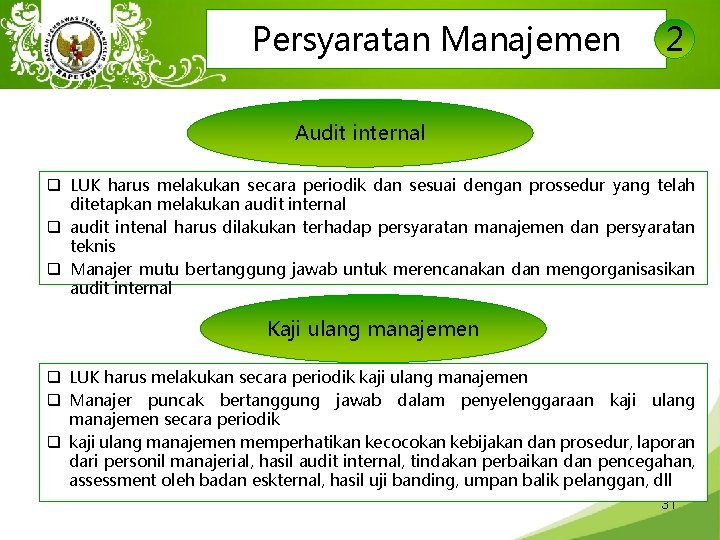 Persyaratan Manajemen 2 Audit internal q LUK harus melakukan secara periodik dan sesuai dengan