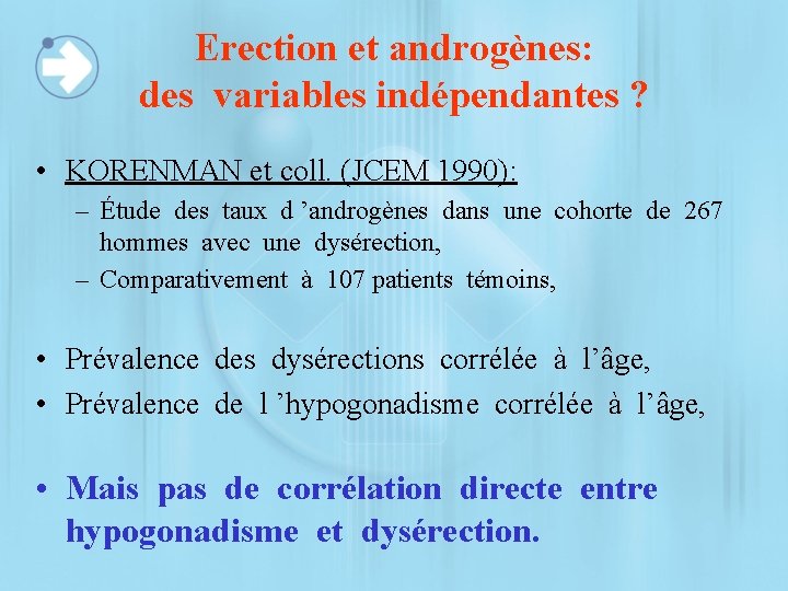 Erection et androgènes: des variables indépendantes ? • KORENMAN et coll. (JCEM 1990): –