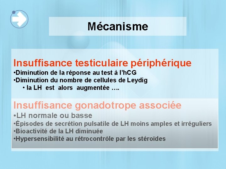 Mécanisme Insuffisance testiculaire périphérique • Diminution de la réponse au test à l’h. CG