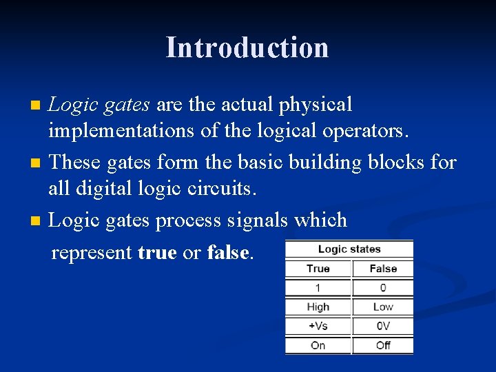 Introduction n Logic gates are the actual physical implementations of the logical operators. These