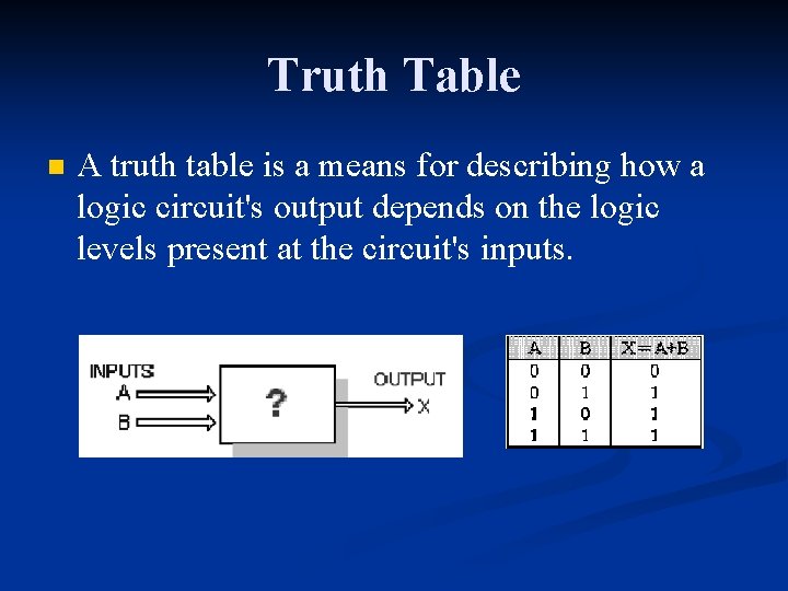 Truth Table n A truth table is a means for describing how a logic