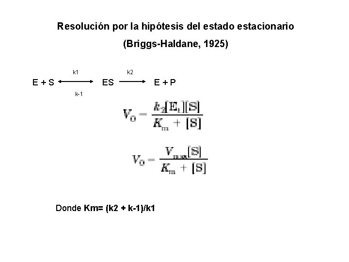 Resolución por la hipótesis del estado estacionario (Briggs-Haldane, 1925) k 1 E+S k 2