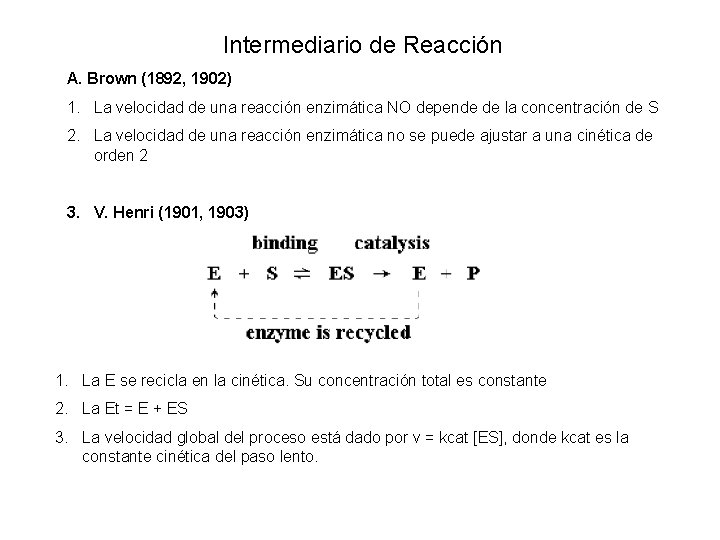 Intermediario de Reacción A. Brown (1892, 1902) 1. La velocidad de una reacción enzimática