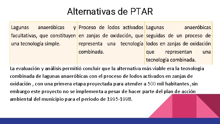 Alternativas de PTAR La evaluación y análisis permitió concluir que la alternativa más viable