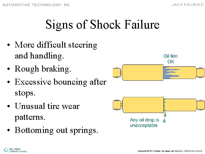 Signs of Shock Failure • More difficult steering and handling. • Rough braking. •