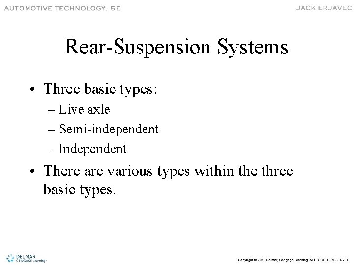 Rear-Suspension Systems • Three basic types: – Live axle – Semi-independent – Independent •