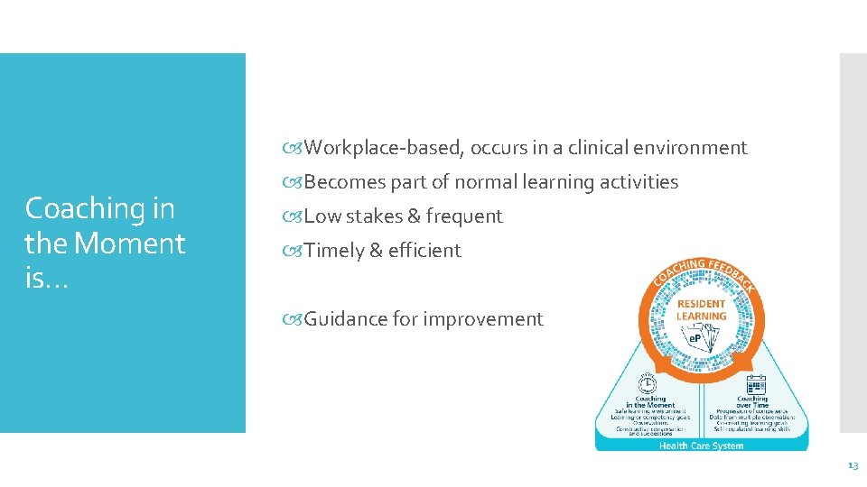  Workplace-based, occurs in a clinical environment Coaching in the Moment is… Becomes part