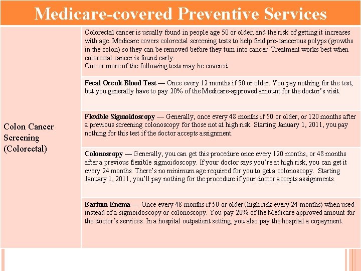 Medicare-covered Preventive Services Colorectal cancer is usually found in people age 50 or older,