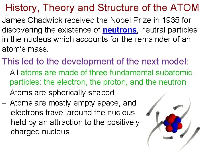 History, Theory and Structure of the ATOM James Chadwick received the Nobel Prize in