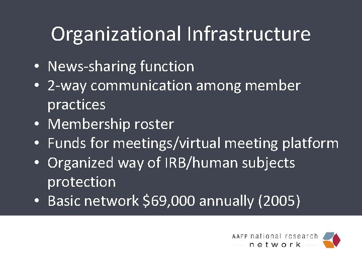 Organizational Infrastructure • News-sharing function • 2 -way communication among member practices • Membership