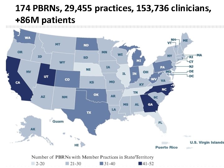174 PBRNs, 29, 455 practices, 153, 736 clinicians, +86 M patients 