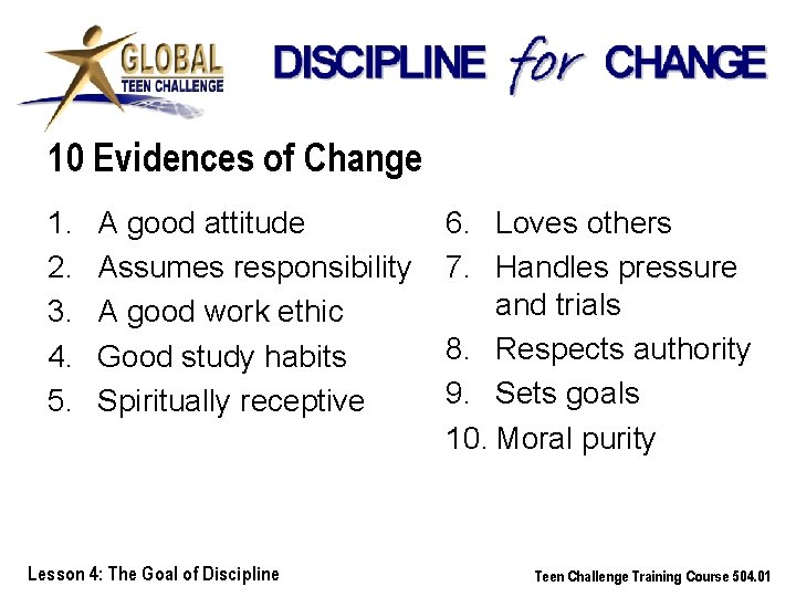 10 Evidences of Change 1. 2. 3. 4. 5. A good attitude Assumes responsibility