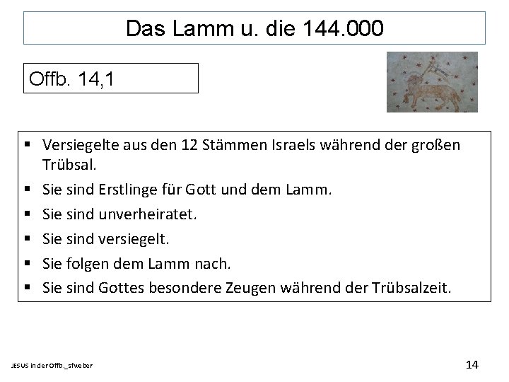 Das Lamm u. die 144. 000 Offb. 14, 1 § Versiegelte aus den 12