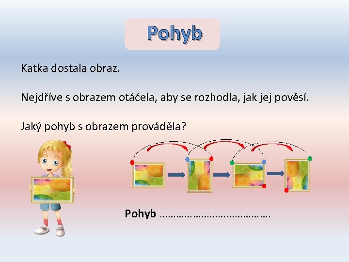 Pohyb Katka dostala obraz. Nejdříve s obrazem otáčela, aby se rozhodla, jak jej pověsí.