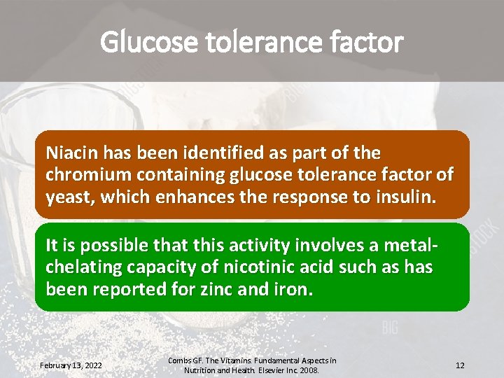 Glucose tolerance factor Niacin has been identified as part of the chromium containing glucose