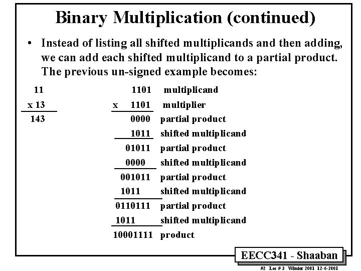 Binary Multiplication Multiplication is achieved by adding a