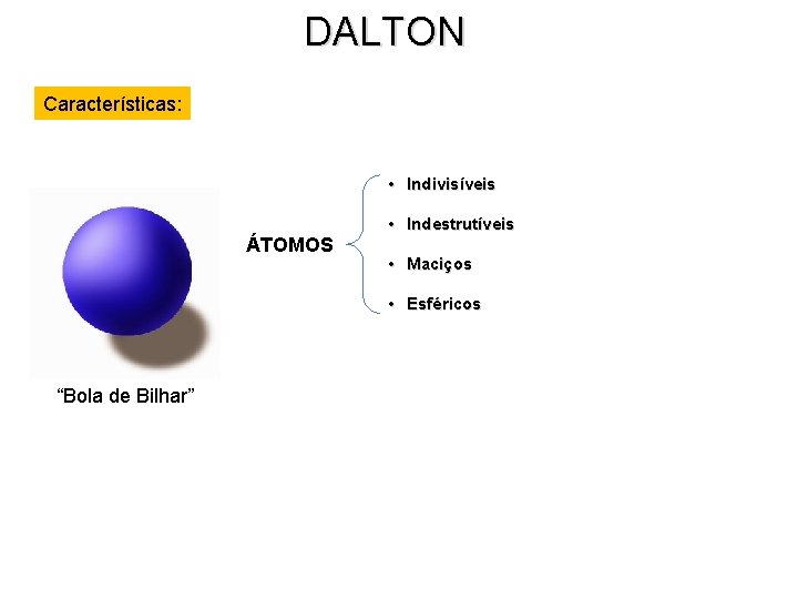 DALTON Características: • Indivisíveis ÁTOMOS • Indestrutíveis • Maciços • Esféricos “Bola de Bilhar”