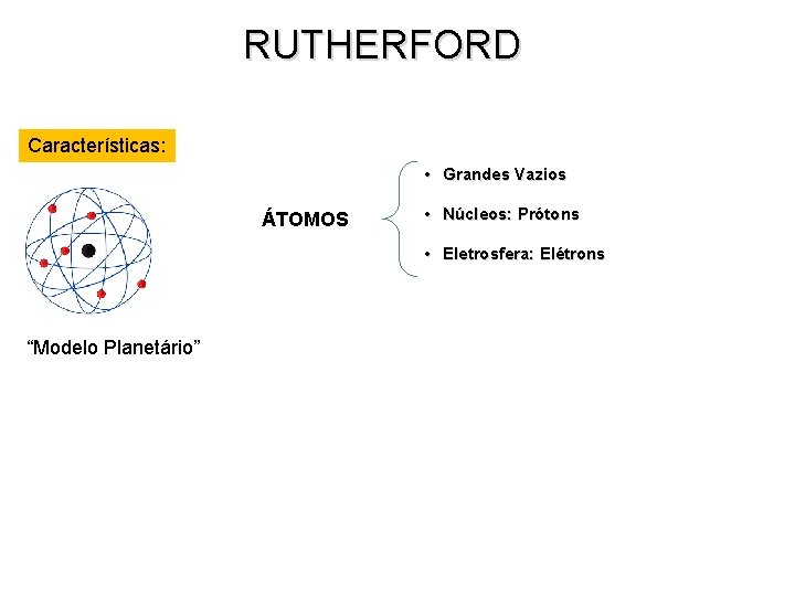 RUTHERFORD Características: • Grandes Vazios ÁTOMOS • Núcleos: Prótons • Eletrosfera: Elétrons “Modelo Planetário”