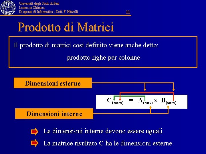 Università degli Studi di Bari Laurea in Chimica Di spense di Informatica - Dott.