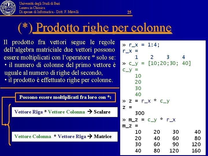 Università degli Studi di Bari Laurea in Chimica Di spense di Informatica - Dott.