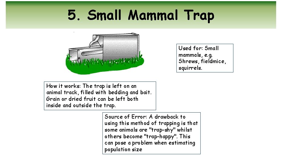 5. Small Mammal Trap Used for: Small mammals, e. g. Shrews, fieldmice, squirrels. How
