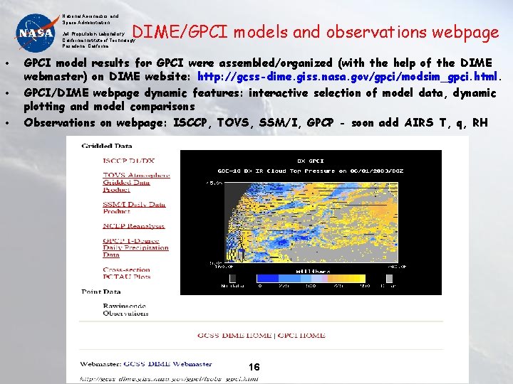 National Aeronautics and Space Administration DIME/GPCI models and observations webpage Jet Propulsion Laboratory California