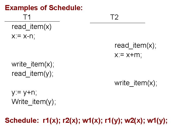 Examples of Schedule: T 1 read_item(x) x: = x-n; T 2 read_item(x); x: =