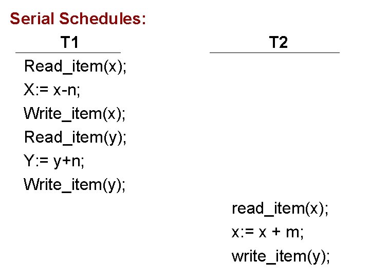 Serial Schedules: T 1 Read_item(x); X: = x-n; Write_item(x); Read_item(y); Y: = y+n; Write_item(y);