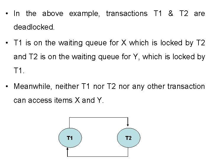 • In the above example, transactions T 1 & T 2 are deadlocked. • In the above example, transactions T 1 & T 2 are deadlocked.